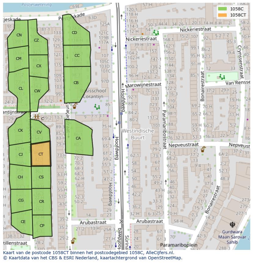 Afbeelding van het postcodegebied 1058 CT op de kaart.