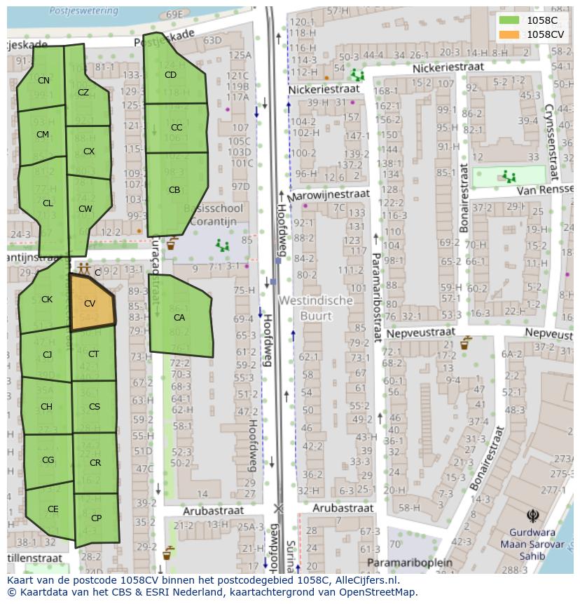 Afbeelding van het postcodegebied 1058 CV op de kaart.
