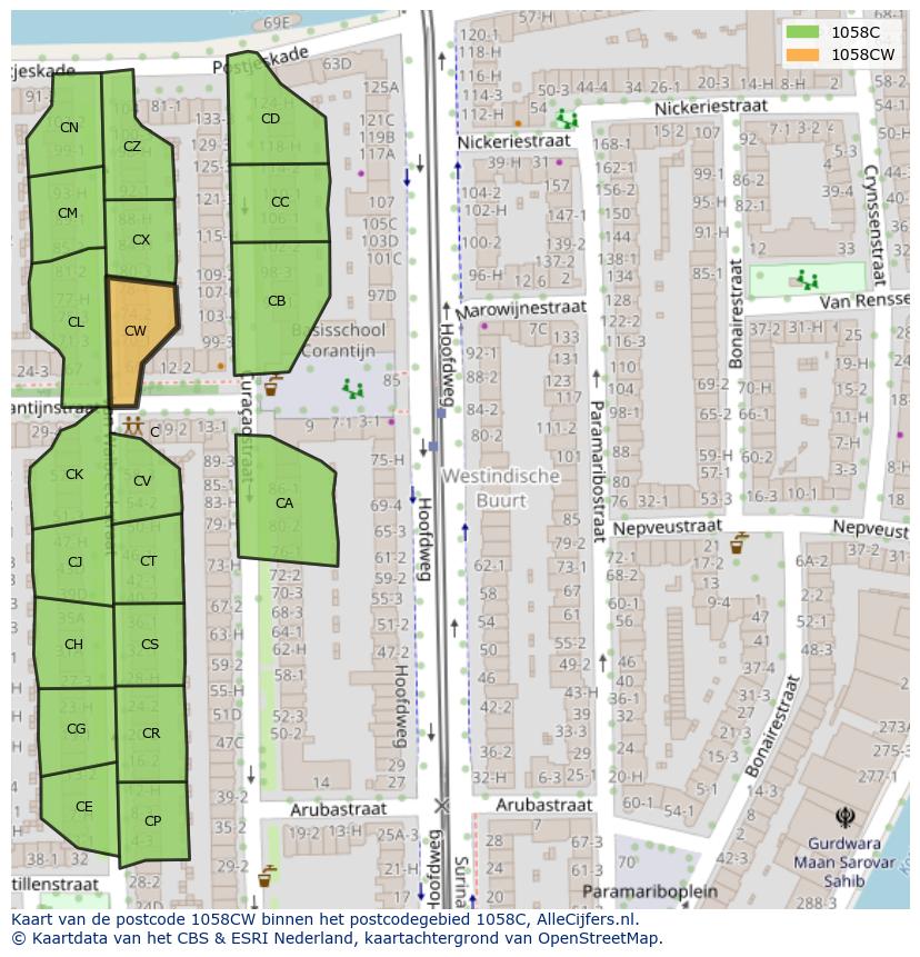 Afbeelding van het postcodegebied 1058 CW op de kaart.