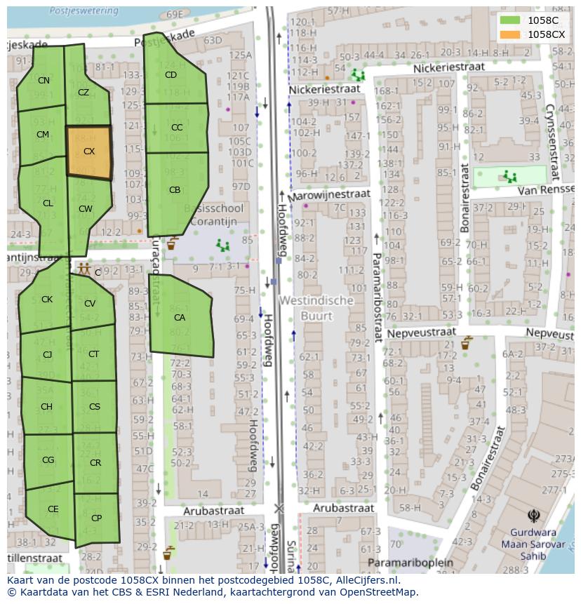 Afbeelding van het postcodegebied 1058 CX op de kaart.
