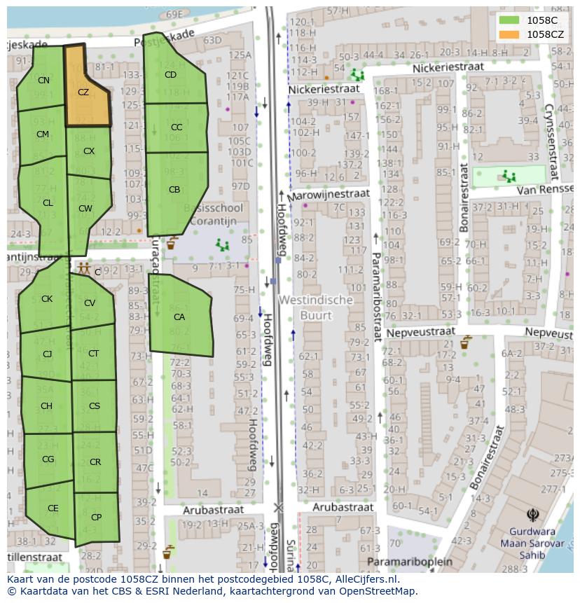 Afbeelding van het postcodegebied 1058 CZ op de kaart.