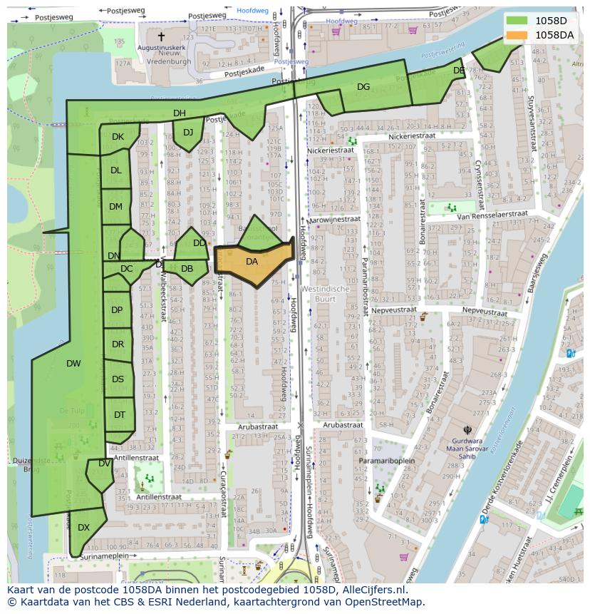 Afbeelding van het postcodegebied 1058 DA op de kaart.