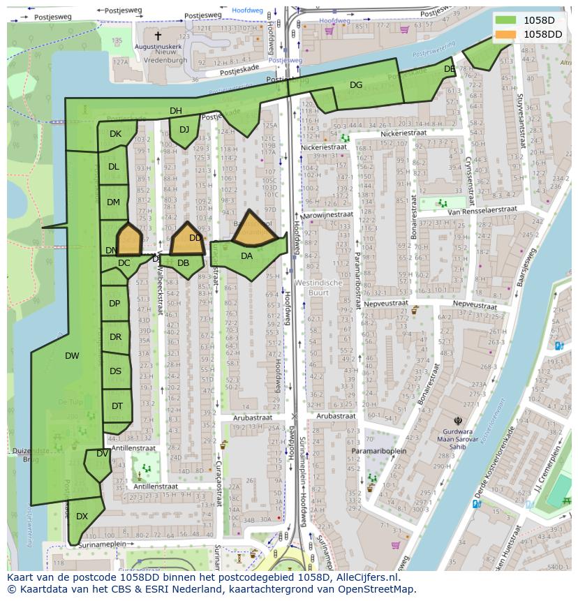 Afbeelding van het postcodegebied 1058 DD op de kaart.