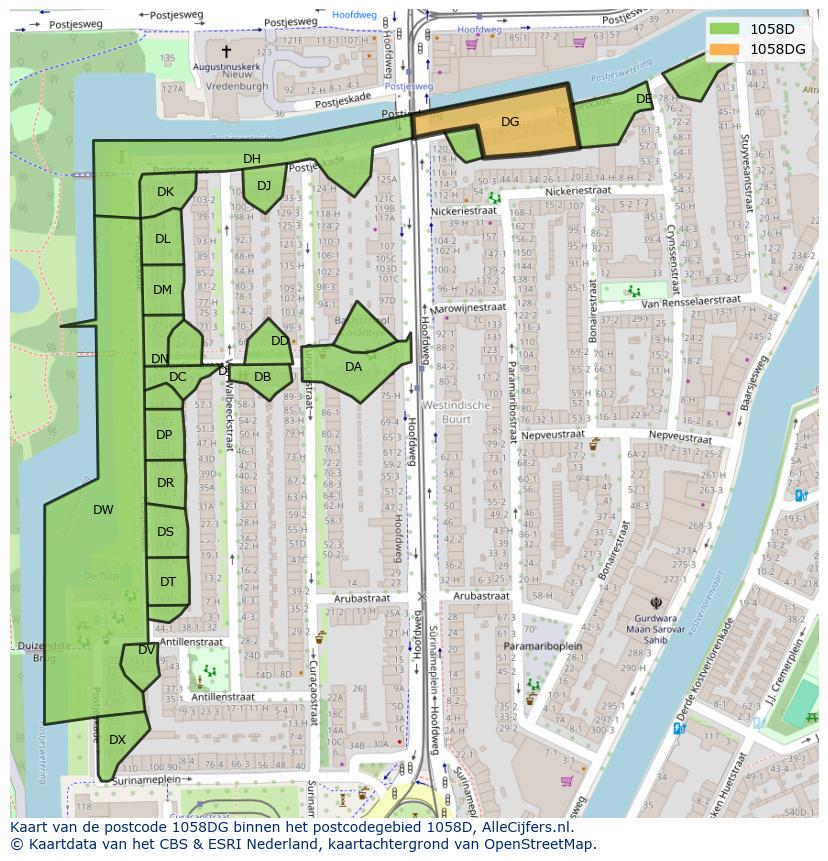 Afbeelding van het postcodegebied 1058 DG op de kaart.