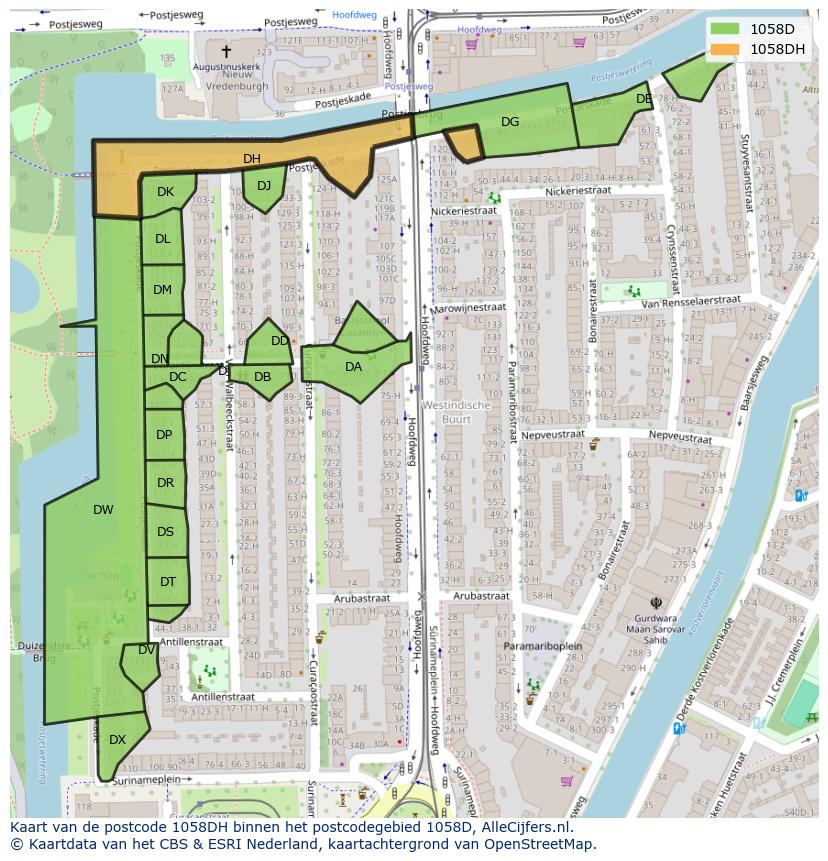 Afbeelding van het postcodegebied 1058 DH op de kaart.
