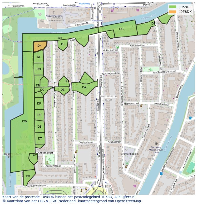 Afbeelding van het postcodegebied 1058 DK op de kaart.