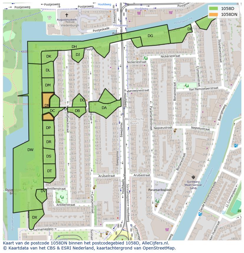 Afbeelding van het postcodegebied 1058 DN op de kaart.