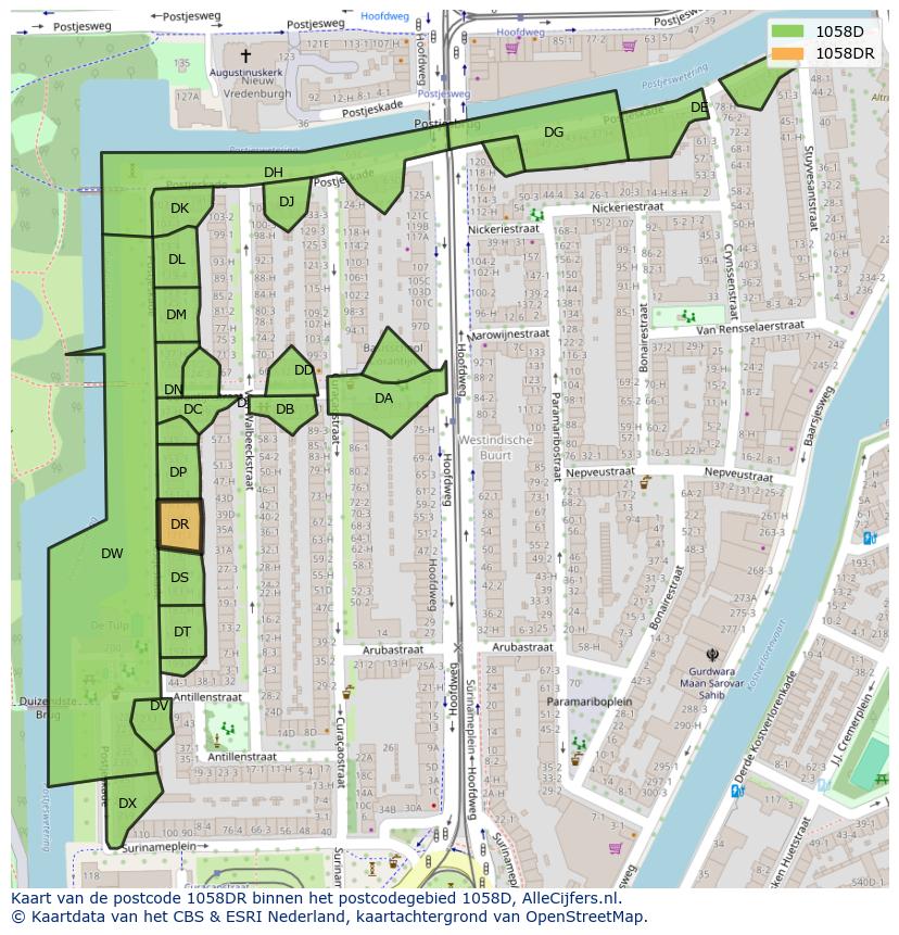 Afbeelding van het postcodegebied 1058 DR op de kaart.
