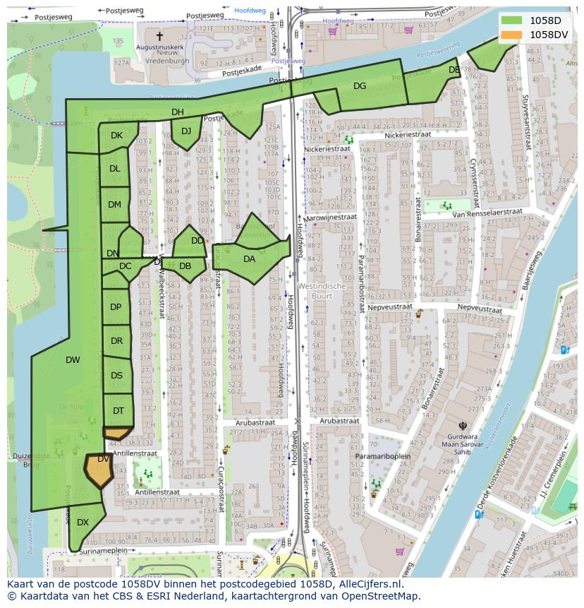 Afbeelding van het postcodegebied 1058 DV op de kaart.