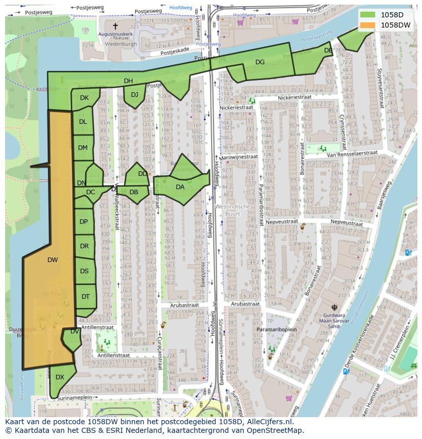 Afbeelding van het postcodegebied 1058 DW op de kaart.