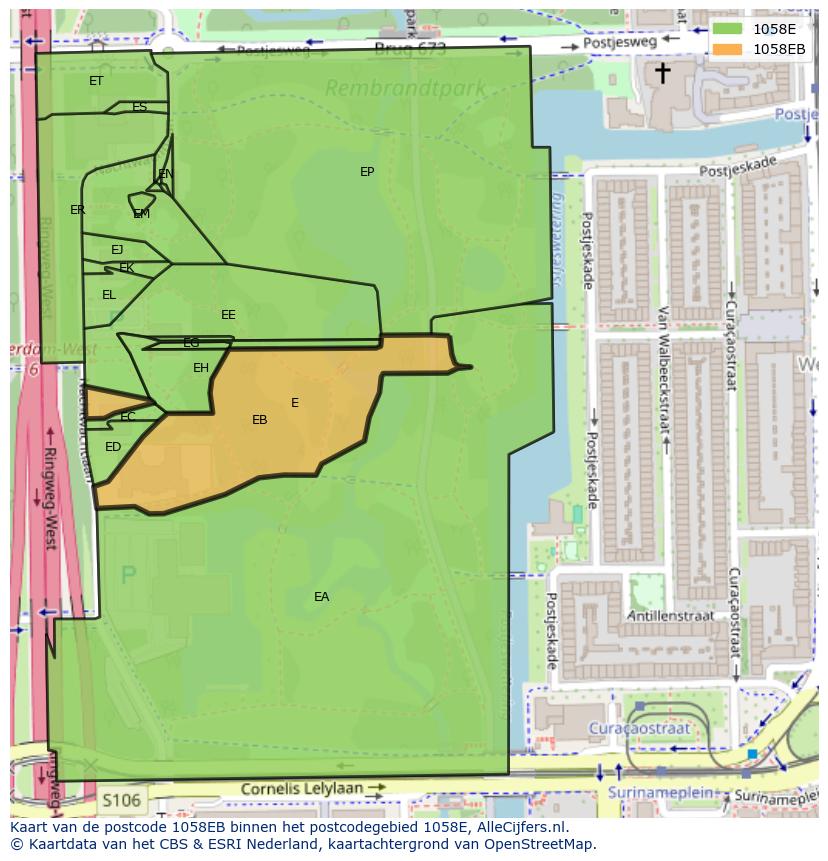 Afbeelding van het postcodegebied 1058 EB op de kaart.