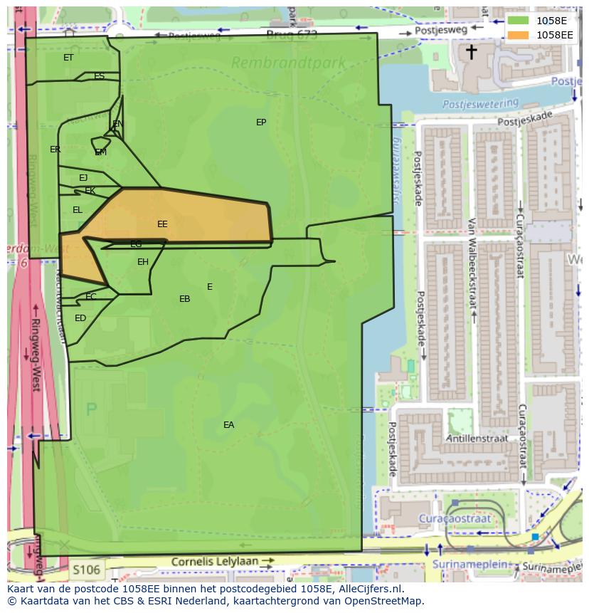 Afbeelding van het postcodegebied 1058 EE op de kaart.