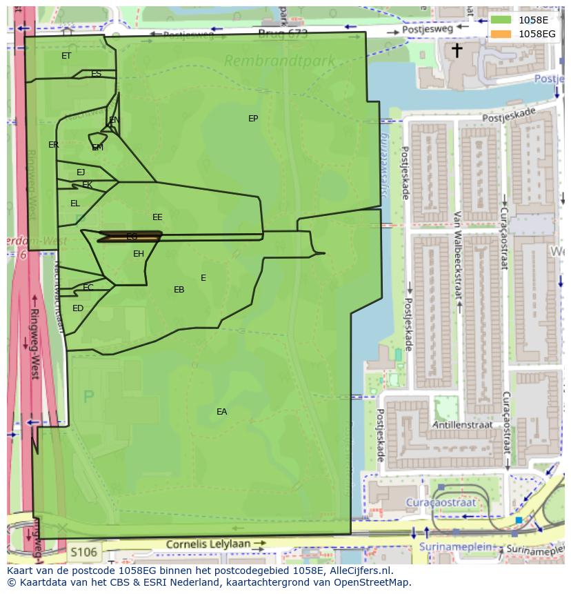 Afbeelding van het postcodegebied 1058 EG op de kaart.