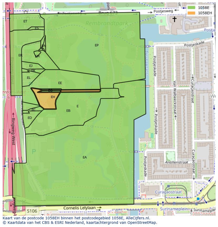 Afbeelding van het postcodegebied 1058 EH op de kaart.