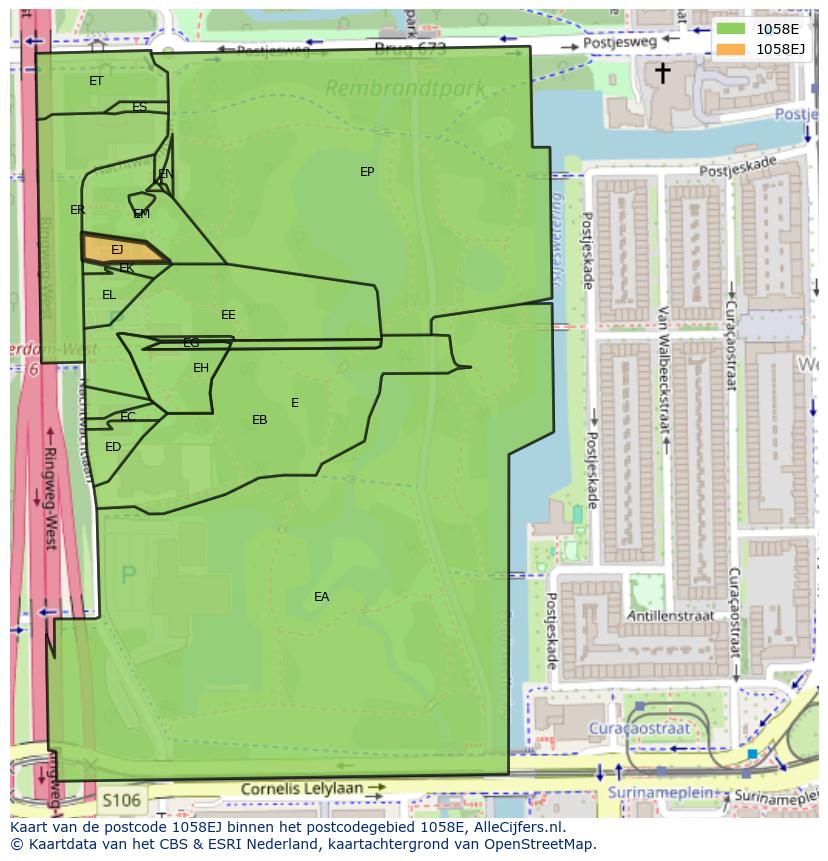 Afbeelding van het postcodegebied 1058 EJ op de kaart.