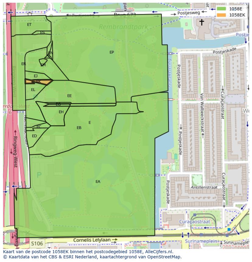 Afbeelding van het postcodegebied 1058 EK op de kaart.