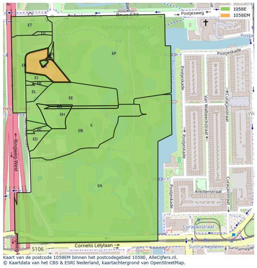 Afbeelding van het postcodegebied 1058 EM op de kaart.