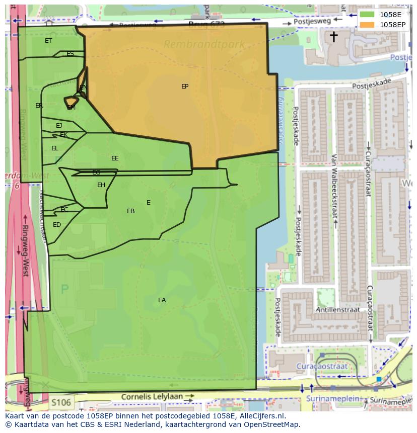 Afbeelding van het postcodegebied 1058 EP op de kaart.