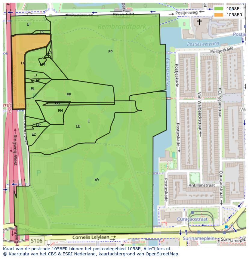 Afbeelding van het postcodegebied 1058 ER op de kaart.