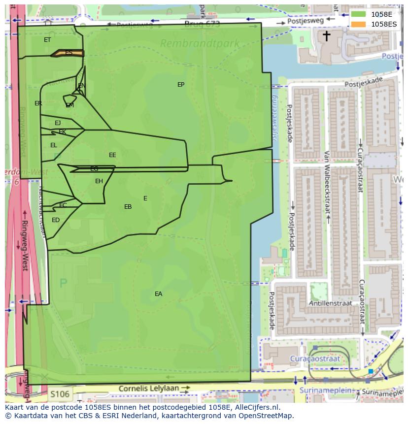 Afbeelding van het postcodegebied 1058 ES op de kaart.