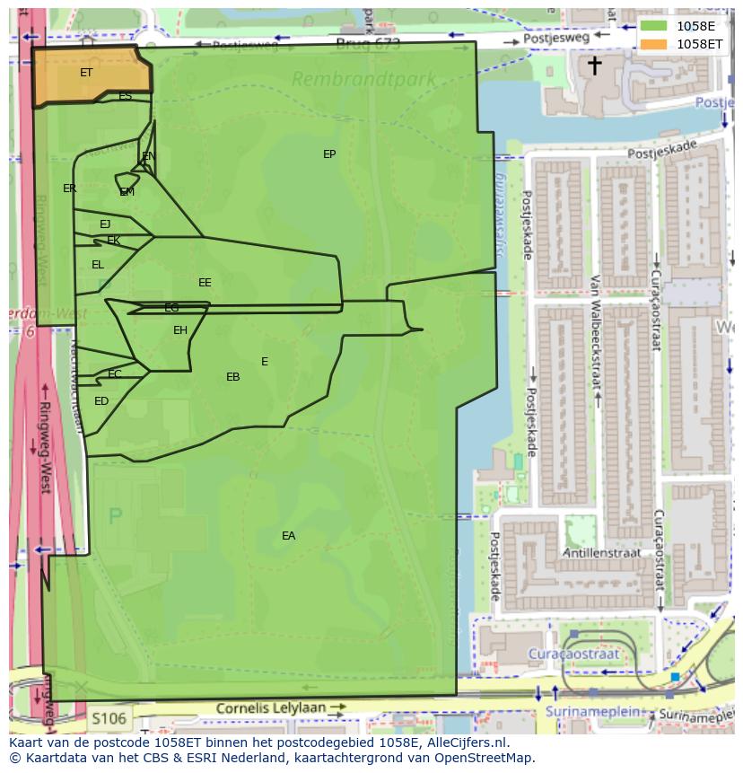 Afbeelding van het postcodegebied 1058 ET op de kaart.