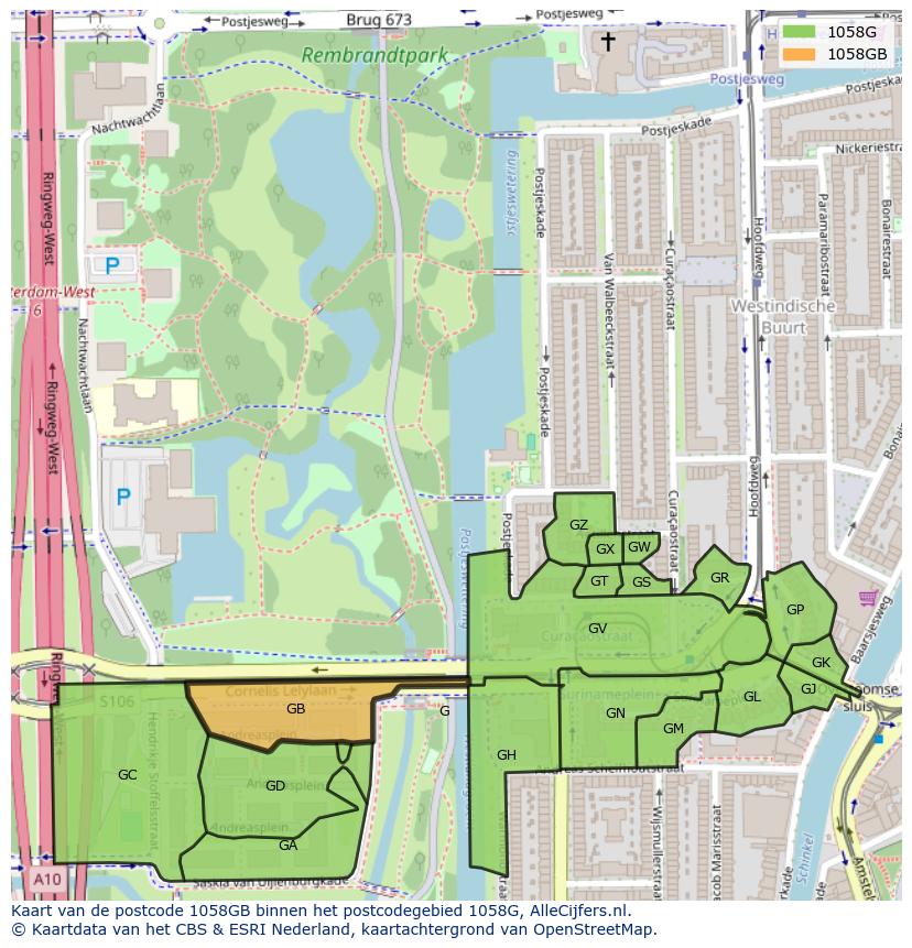 Afbeelding van het postcodegebied 1058 GB op de kaart.