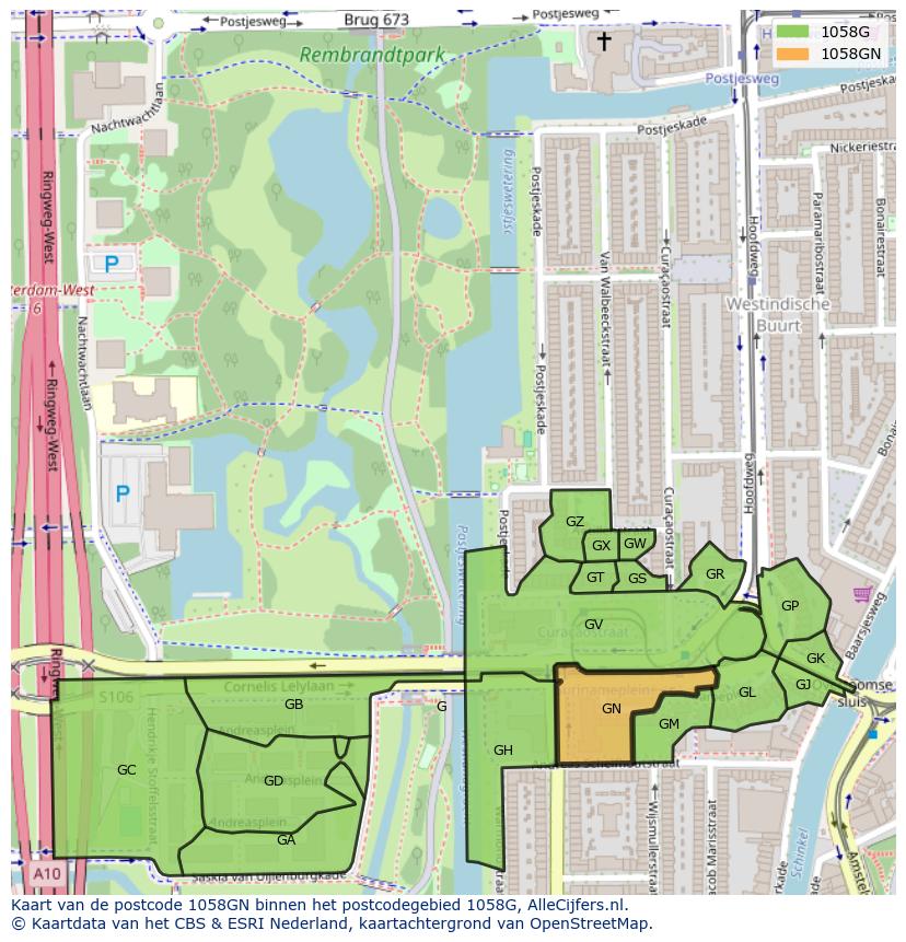 Afbeelding van het postcodegebied 1058 GN op de kaart.