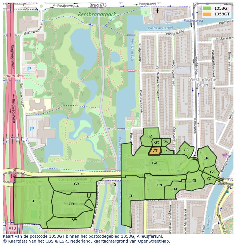 Afbeelding van het postcodegebied 1058 GT op de kaart.