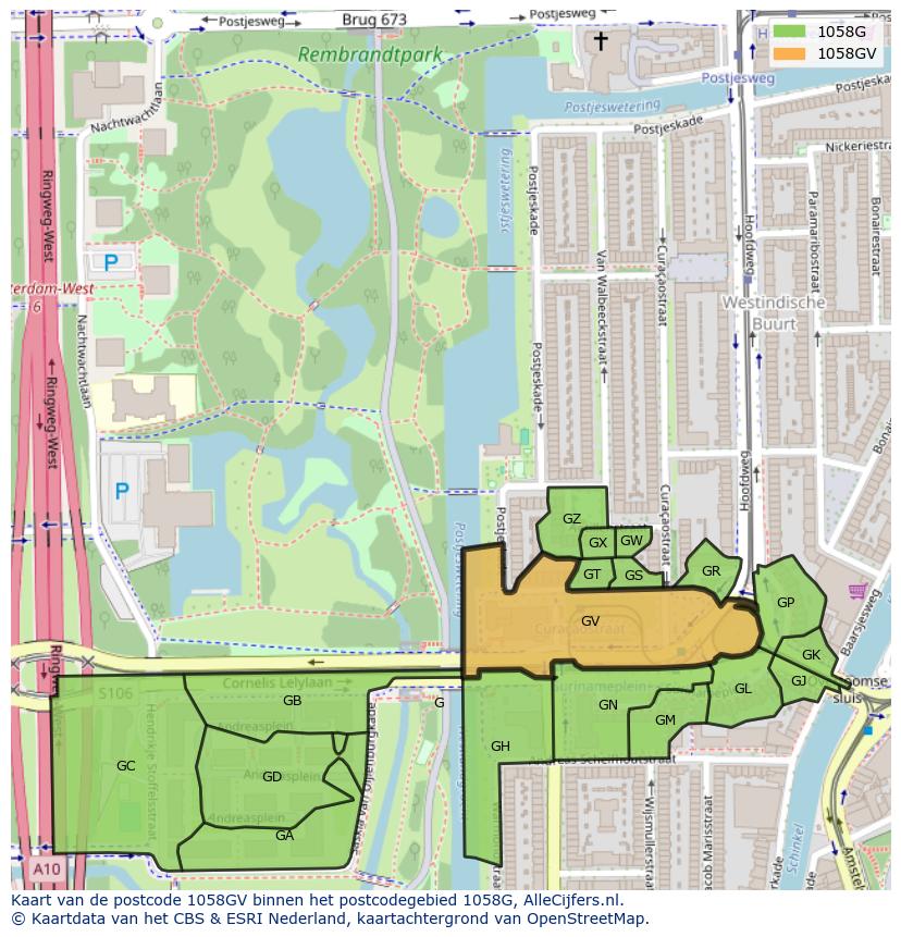 Afbeelding van het postcodegebied 1058 GV op de kaart.