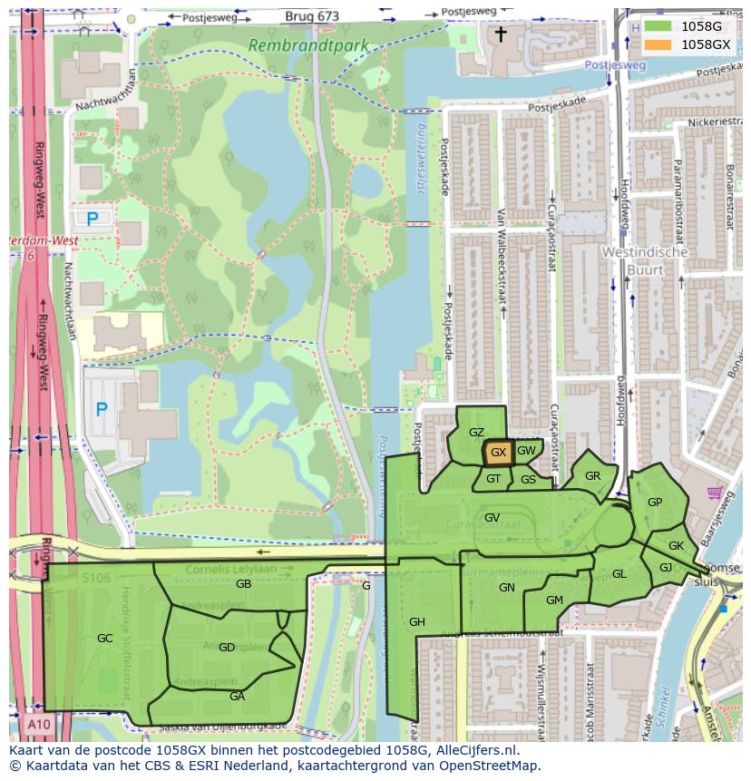 Afbeelding van het postcodegebied 1058 GX op de kaart.
