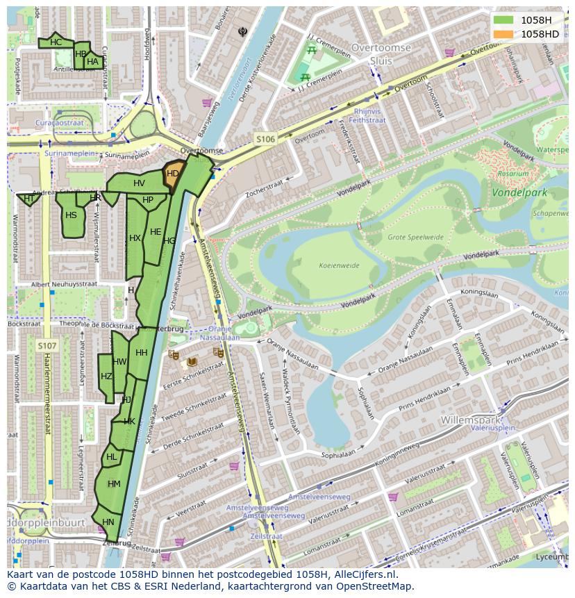 Afbeelding van het postcodegebied 1058 HD op de kaart.