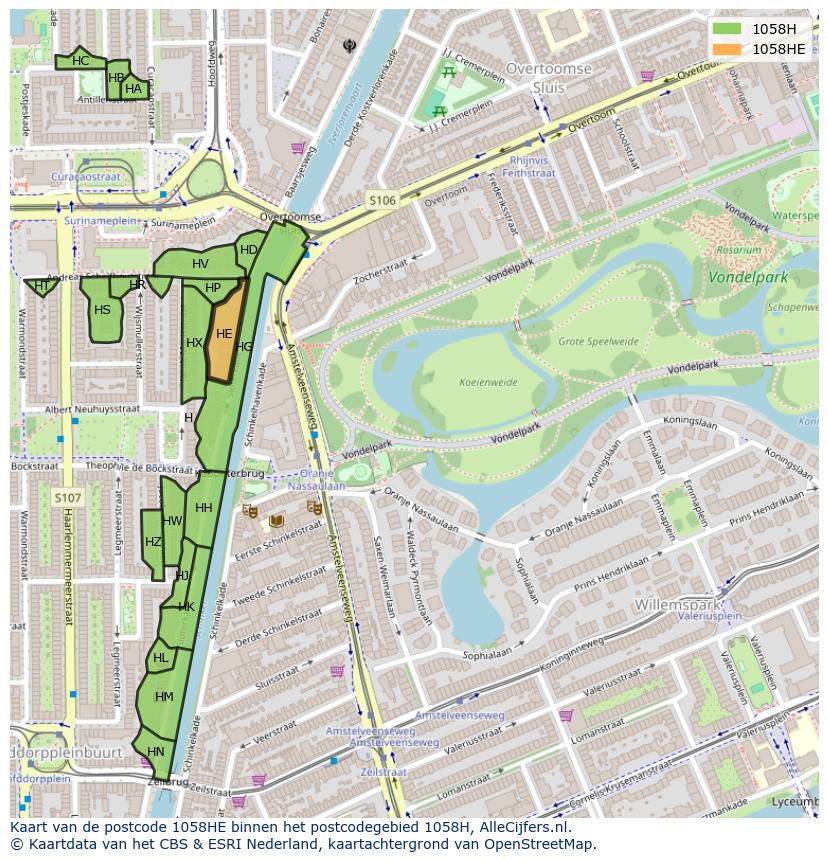 Afbeelding van het postcodegebied 1058 HE op de kaart.