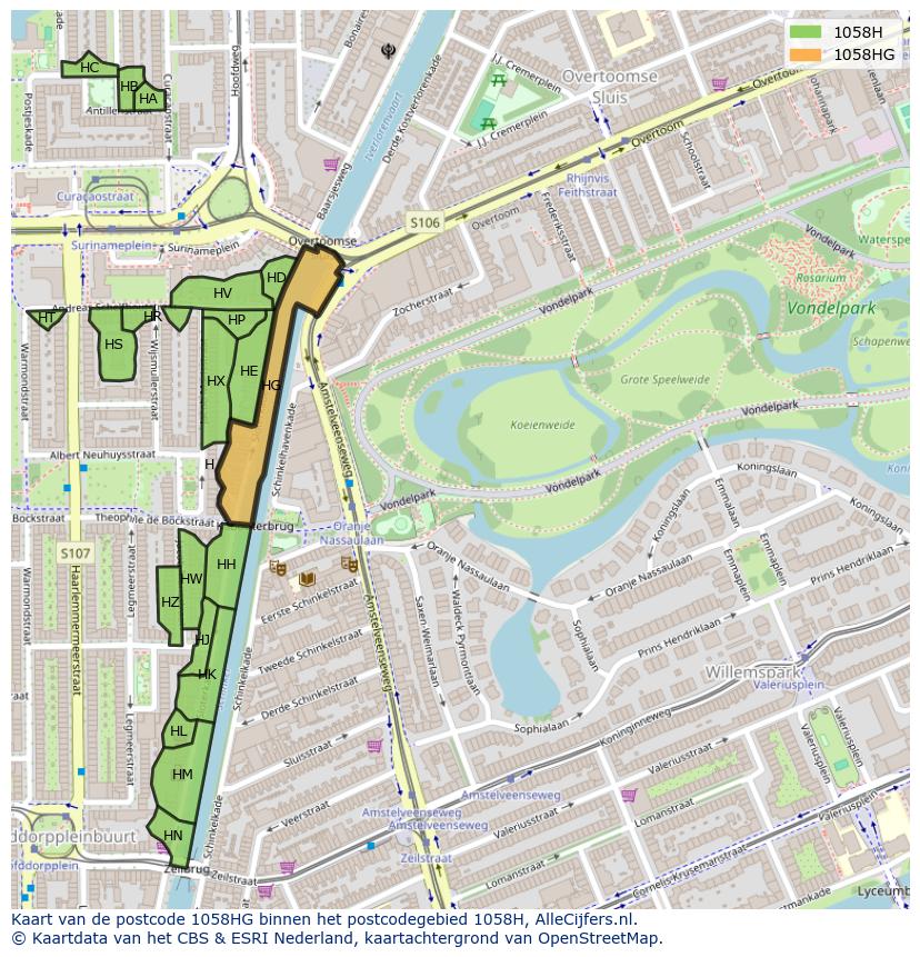 Afbeelding van het postcodegebied 1058 HG op de kaart.