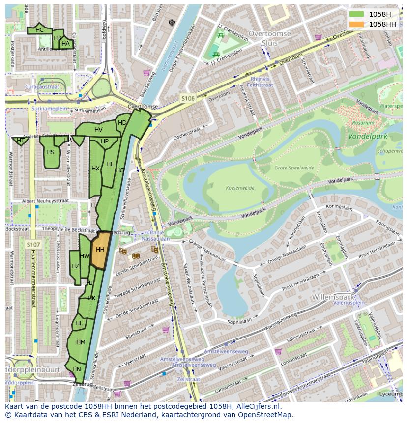 Afbeelding van het postcodegebied 1058 HH op de kaart.