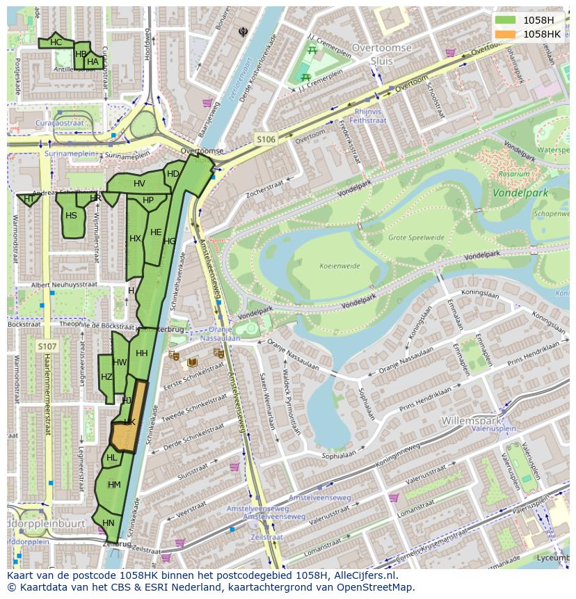 Afbeelding van het postcodegebied 1058 HK op de kaart.