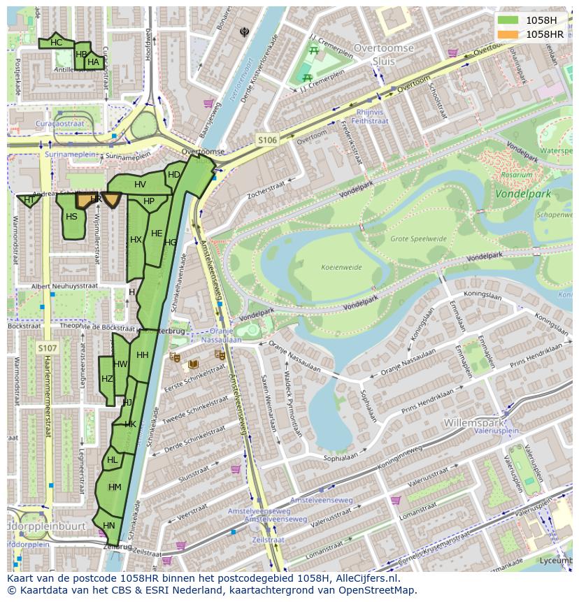 Afbeelding van het postcodegebied 1058 HR op de kaart.