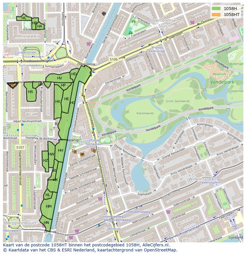 Afbeelding van het postcodegebied 1058 HT op de kaart.