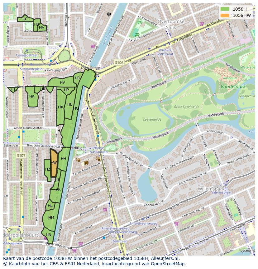 Afbeelding van het postcodegebied 1058 HW op de kaart.