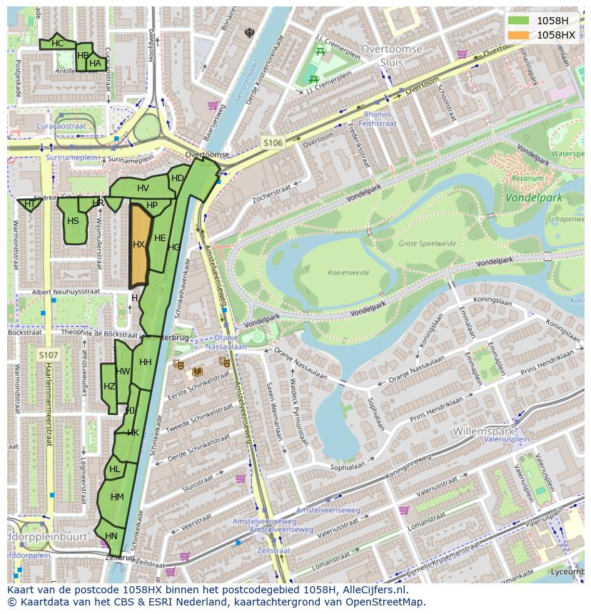 Afbeelding van het postcodegebied 1058 HX op de kaart.