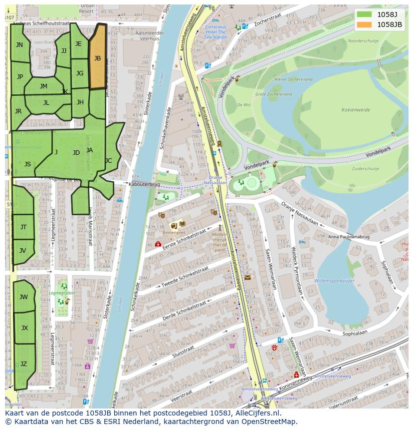 Afbeelding van het postcodegebied 1058 JB op de kaart.