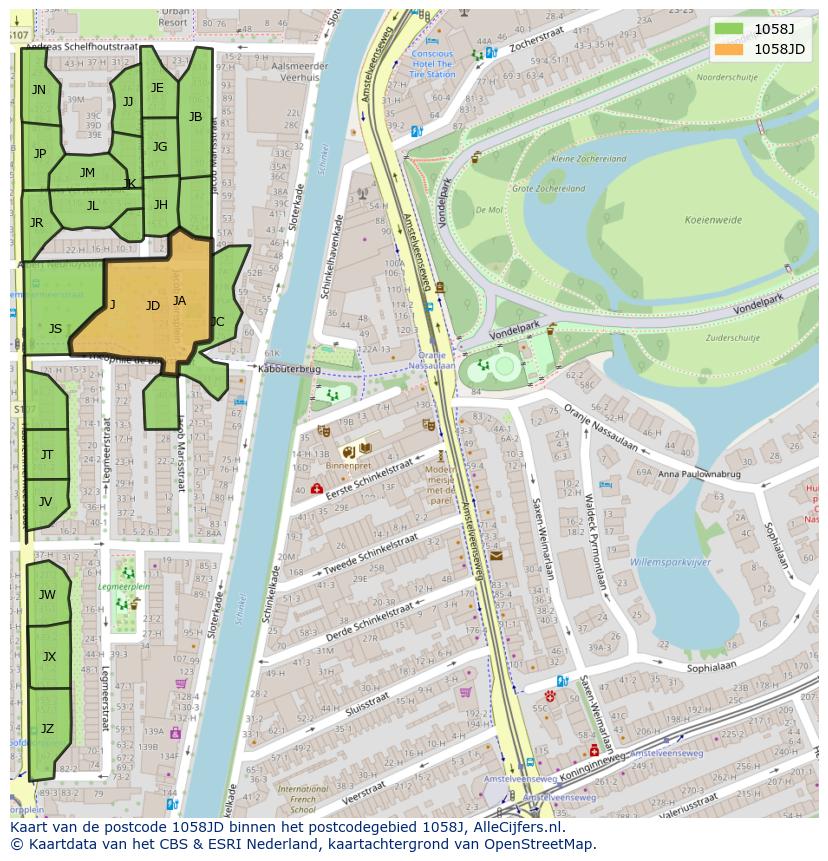 Afbeelding van het postcodegebied 1058 JD op de kaart.
