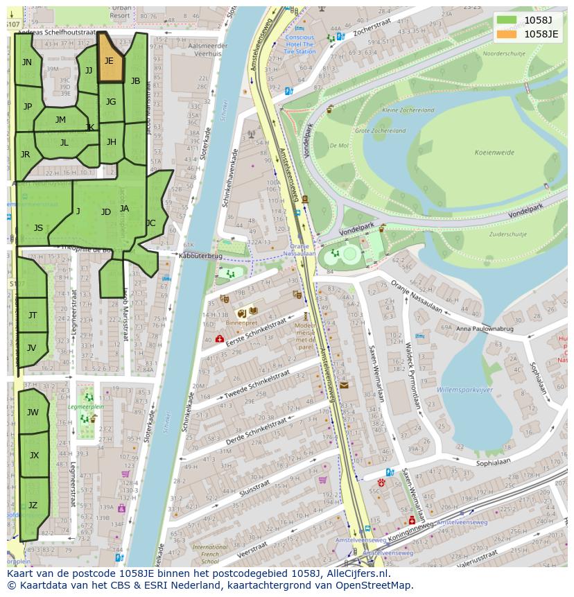 Afbeelding van het postcodegebied 1058 JE op de kaart.