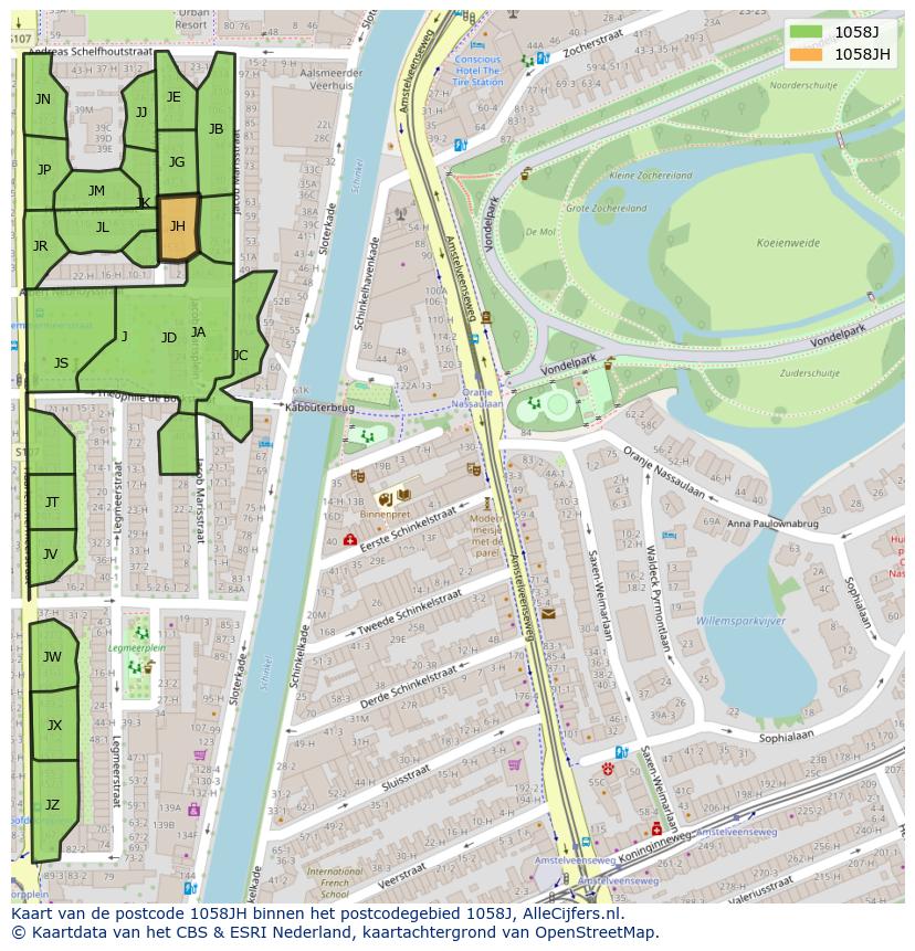 Afbeelding van het postcodegebied 1058 JH op de kaart.