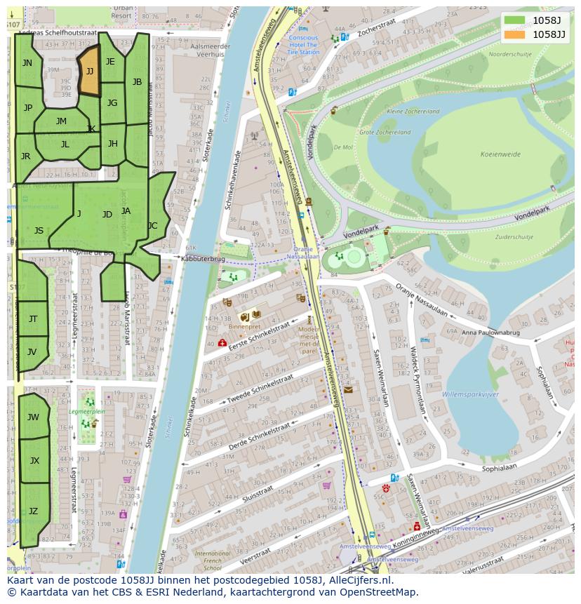 Afbeelding van het postcodegebied 1058 JJ op de kaart.