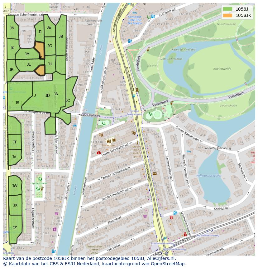 Afbeelding van het postcodegebied 1058 JK op de kaart.