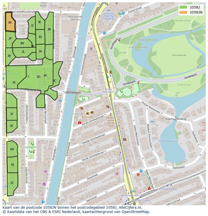 Afbeelding van het postcodegebied 1058 JN op de kaart.