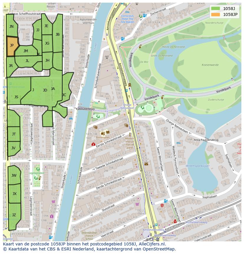 Afbeelding van het postcodegebied 1058 JP op de kaart.