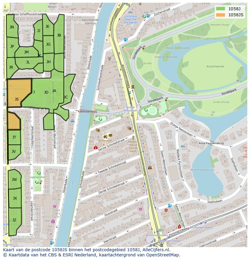 Afbeelding van het postcodegebied 1058 JS op de kaart.