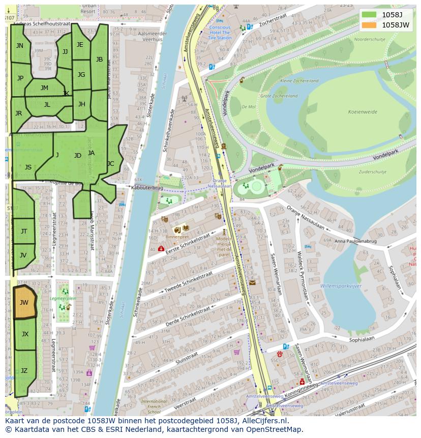 Afbeelding van het postcodegebied 1058 JW op de kaart.