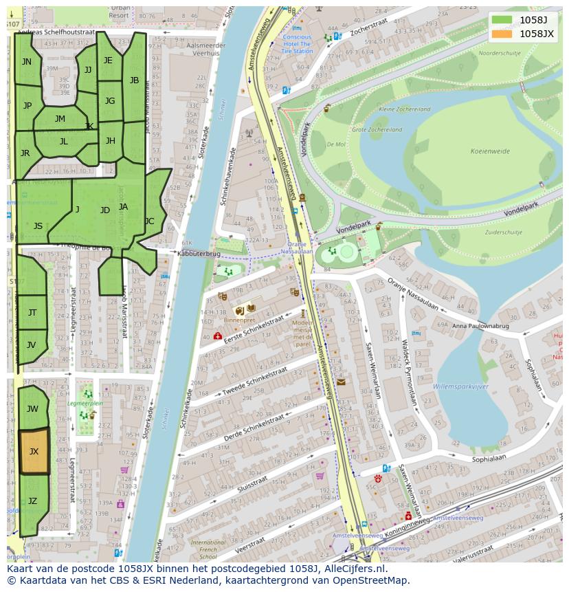 Afbeelding van het postcodegebied 1058 JX op de kaart.